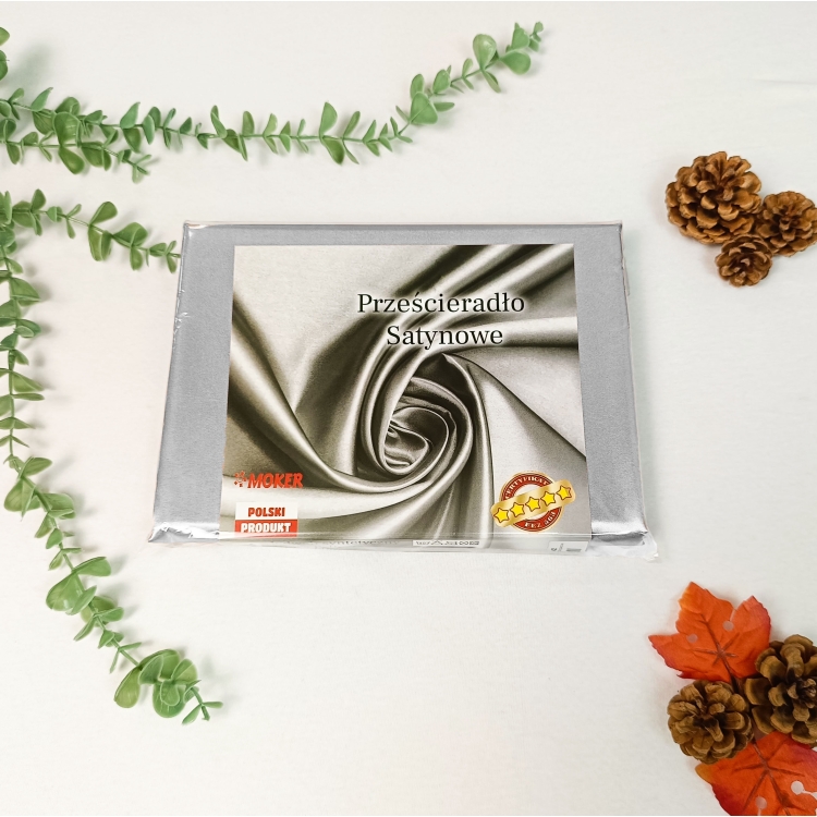 Superpłynne prześcieradło Satynowe Atłas bez gumki- Lukrowane srebro, zdjęcie prześcieradła w opakowaniu